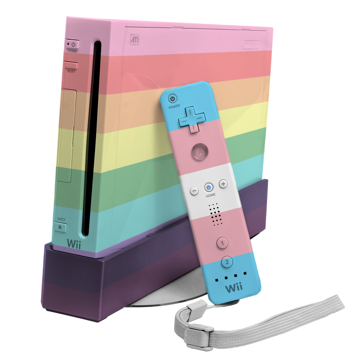 An image of a Nintendo Wii console and Wii Remote. The console has the Gilber Baker pride flag overlayed on it, and the remote has the transgender pride flag.