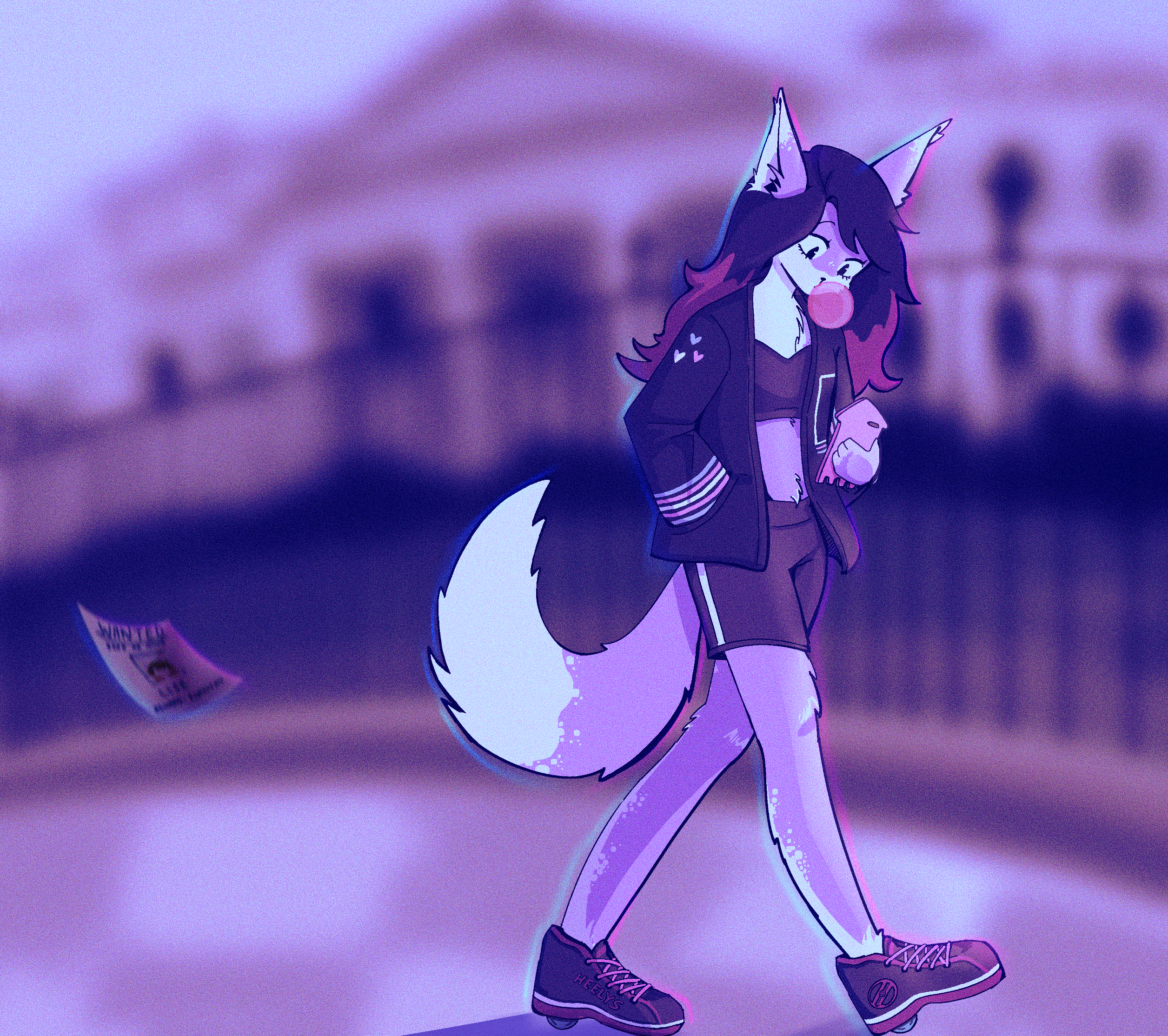 my fursona strolling past the white house in a pair of heely's, with a wanted poster for her arrest flying by in the wind. the entire image has a strong purple filter to it, and it's grainy like an old vhs tape