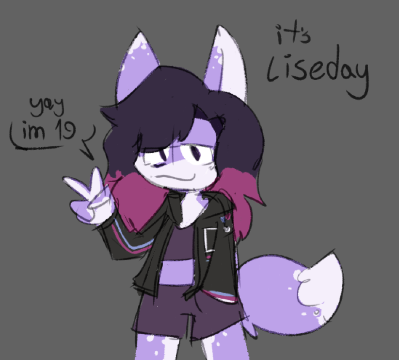 my fursona in her usual black jacket, putting up a peace sign, and saying 'yay im 19'. the text 'its liseday' is also in the corner
