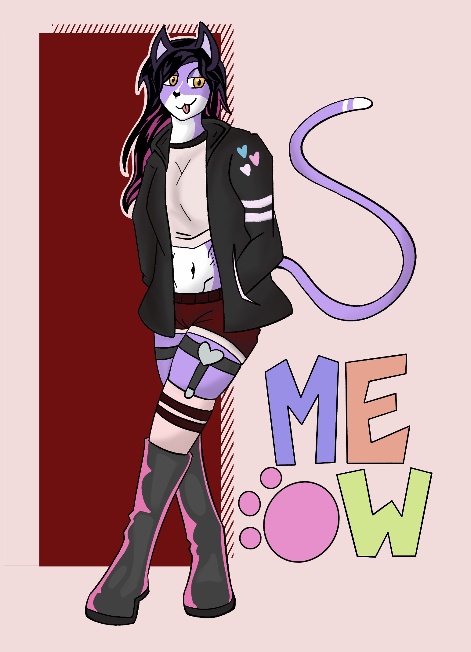 a rendition of my fursona, appearing more catlike than foxlike, notably a long slender cat tail instead of a big poofy fox tail. she has the dark jacket with trans colored patches, long dark hair, red booty shorts, knee length black boots, and garders with a heart on them. there is the word 'meow' in the bottom right corner, with each letter a different color (purple orange pink and green, in order). the O is also a cat paw