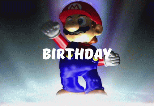 a gif of mario powering up, from the smash melee intro. the text 'birthday' has been overlayed on the middle