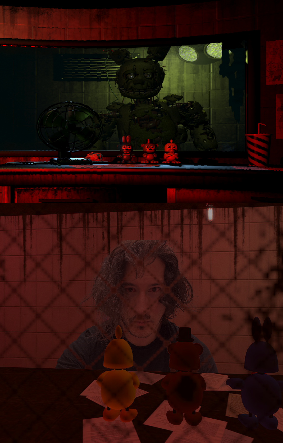 on the top, is springtrap staring through the fnaf 3 window, while the red alarm lights are going off. on the bottom, is markiplier staring back at him from the other side of the window, on the gmod recreation of the fnaf 3 map