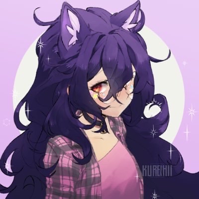 a picrew of a woman with extremely long purple hair, circle glasses, a purple plaid unbuttoned shirt, with a plain pink shirt underneith. oh and cat ears