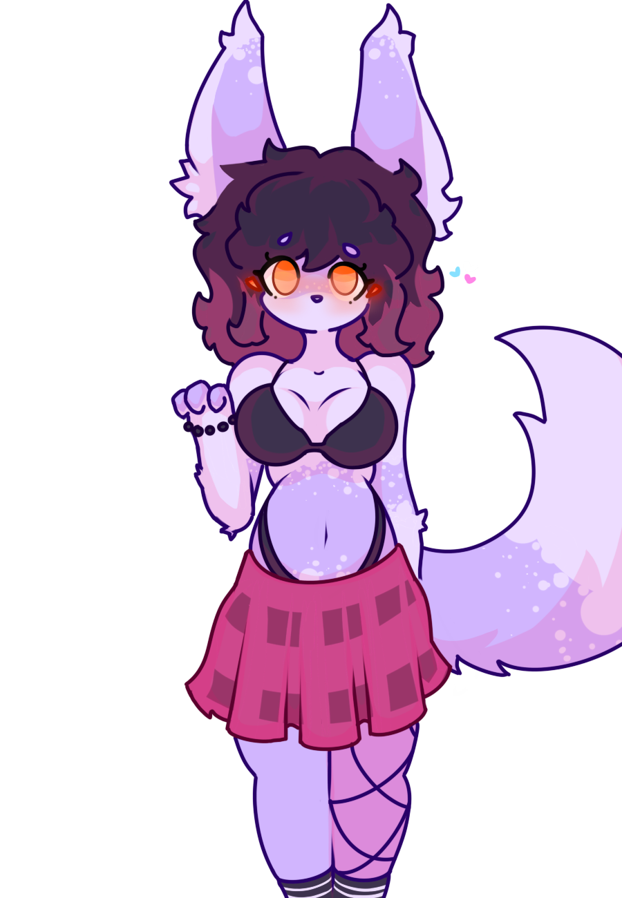 my fursona in a plain black bra, a pink plaid skirt, knee high black socks, and a fishnet on one leg. she has one arm up, with a black bead bracelet, and her hand curled to resemble a paw