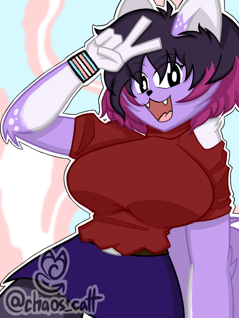 my fursona in a purple skirt and red top, with VERY large breasts. she is doing a piece sign, and has a transgender colored sweatband on the same wrist. there is also an artist watermark in the bottom left corner, for @chaos_catt